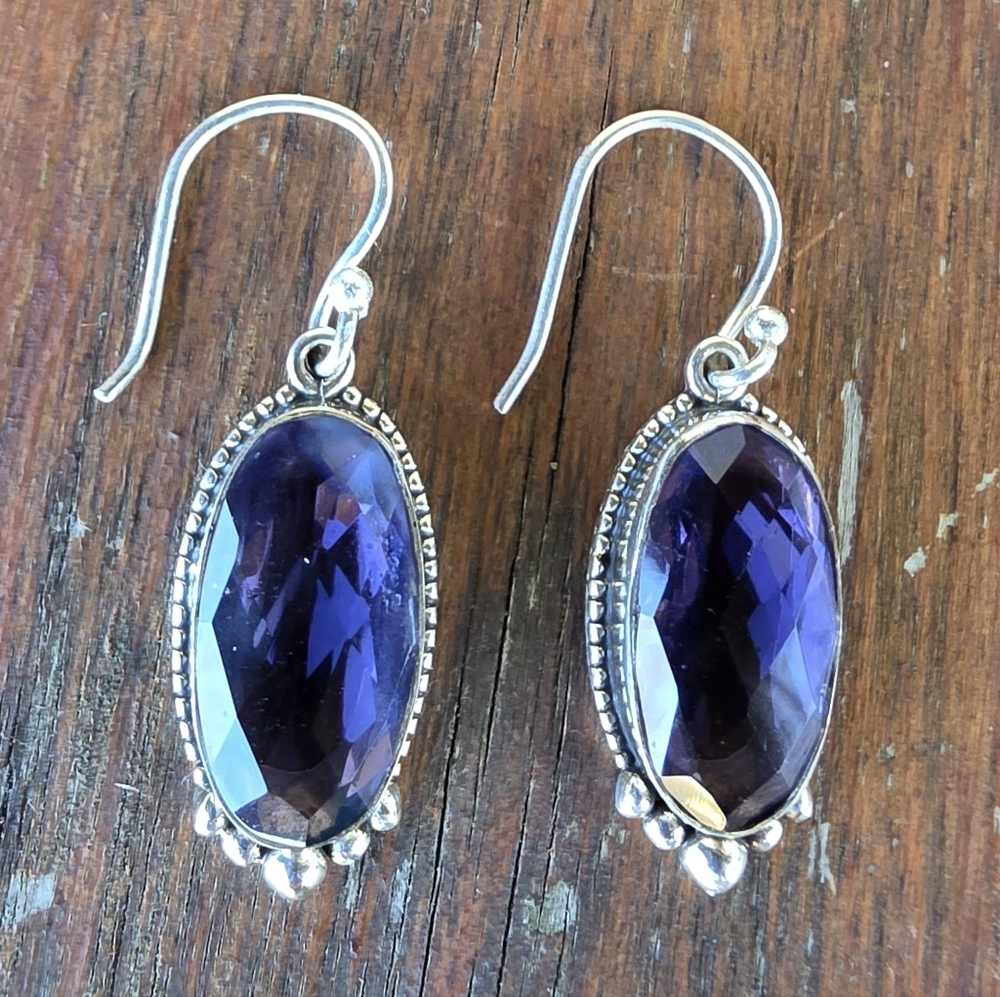 Faceted Amethyst Gemstone Earrings in 925 Sterling Silver (1.56")